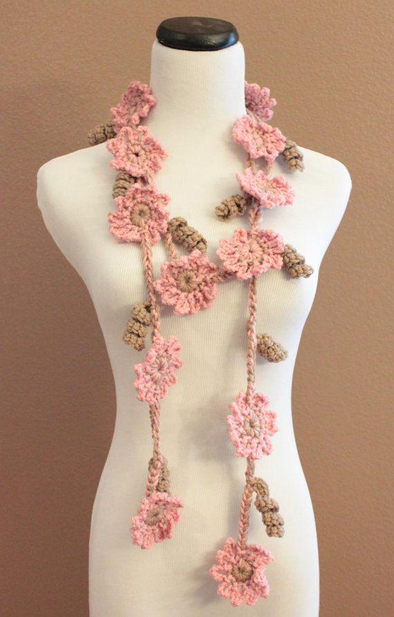 Crochet Flower Scarf Lariat Womens Fashion Pink And Brown ...
